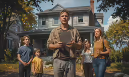 people walking past a house in the woods