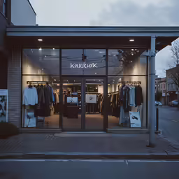 the shopfront of a clothing store at dusk