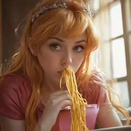 a woman wearing a tiara holds a tablet while she eats noodles