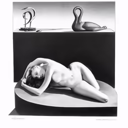 a naked woman and swans resting on a table