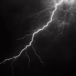 two large lightning strikes above the ground in a black and white photo