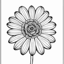 a black and white flower with petals on a stick,a black and white flower drawing with a frame