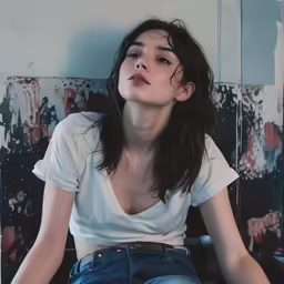 a woman sitting on the floor wearing jeans