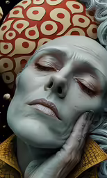 an abstract sculpture of a woman is posed with her head up