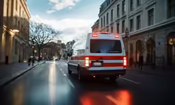 an ambulance on a street is traveling through the city