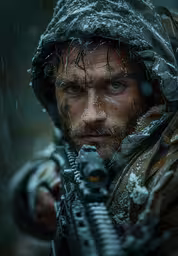 a man in a hooded sweatshirt holding a gun,a man in the rain with a gun in his hand