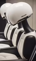 three white and black seats, with no head rest
