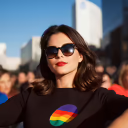 a woman in black shirt and sunglasses with a rainbow t - shirt on