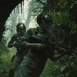 a couple of men wearing goggles carrying guns through a forest