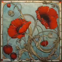 a large stained glass with red flowers inside
