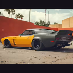 a silver and yellow muscle car with its hood open