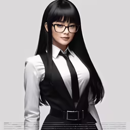 a woman dressed in black and white clothes, and glasses