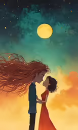 a girl and boy kissing under a full moon
