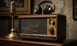 a vintage radio that has headphones on top of it