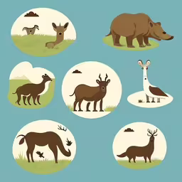 a series of illustrations depicting animals from different places,various wild animals in a cartoon style