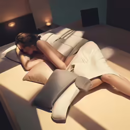 a woman laying on a bed with pillows and a dress
