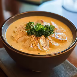 a bowl of a soup with vegetables is garnished
