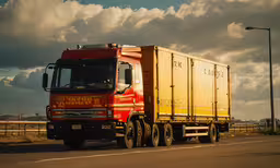 a red and yellow delivery truck traveling down the road,a truck that is driving down the road