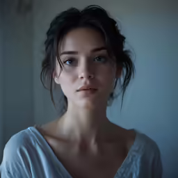 a woman standing next to a window looking away