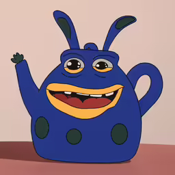 a blue toy with eyes and mouth standing up