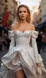 a model in a wedding gown is posing in an alley