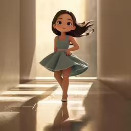 a little girl walking down an empty hallway
