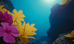 several colorful leaves and flowers floating through the water