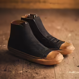 a pair of black shoes with brown heel are on the floor