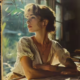 a woman sits on the ground in a white dress,a woman in dress with hand on hips looks out the window