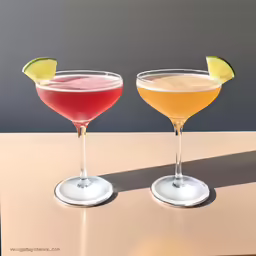 two cocktail glasses with various types of liquid sitting on a table