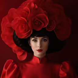 the girl in red dress has a flower on her head