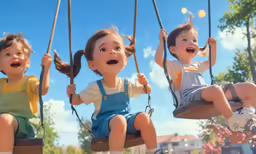 a couple of kids sitting in swings on a field