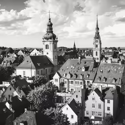 black and white photograph of old european town architecture
