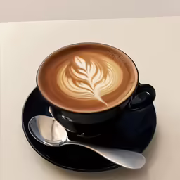 a coffee latte with a leaf in a foamy foamy cup on a saucer