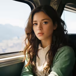 a woman in a car sitting at the steering wheel