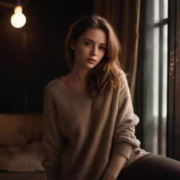 a woman is wearing brown pants in front of a window