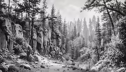 black and white image of a forest with large rocks