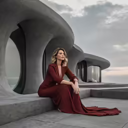 a woman in red is sitting on steps near an arch