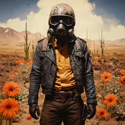 the man is standing in the desert wearing a gas mask