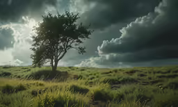 the lone tree is standing alone among grass