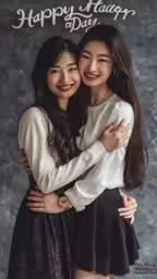 two girls hugging and smiling while the caption reads happy heart day,two smiling young women embracing each other over a background