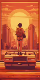 a man with a backpack is looking at the sun over a city,a car is parked in front of an image of the man standing on the back of the car