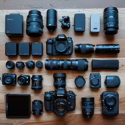 many cameras on a table top, all with their lenses