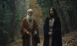 two people standing in a forest with trees behind them