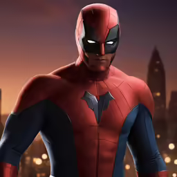 a man in spider man suit with city lights
