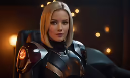 a beautiful blond woman in a suit in the middle of a dark background