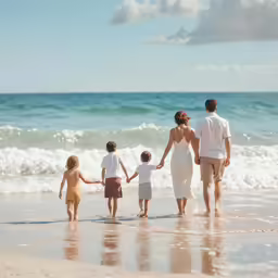 a family holds hands and walks along the beach