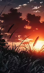 the sun is shining through the clouds in a red sunset