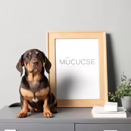 a dog sits next to an empty frame on a dresser