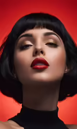 a woman is dressed in a black dress and has her eyes open, looking into the distance while wearing dark makeup